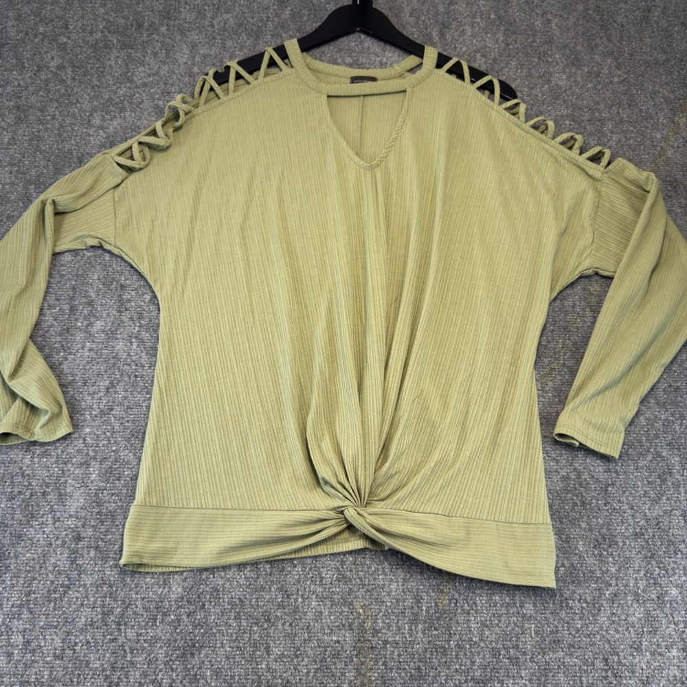 Buckle Black Lattice Shoulder Twist Front Ribbed Top Sage Green Size XL